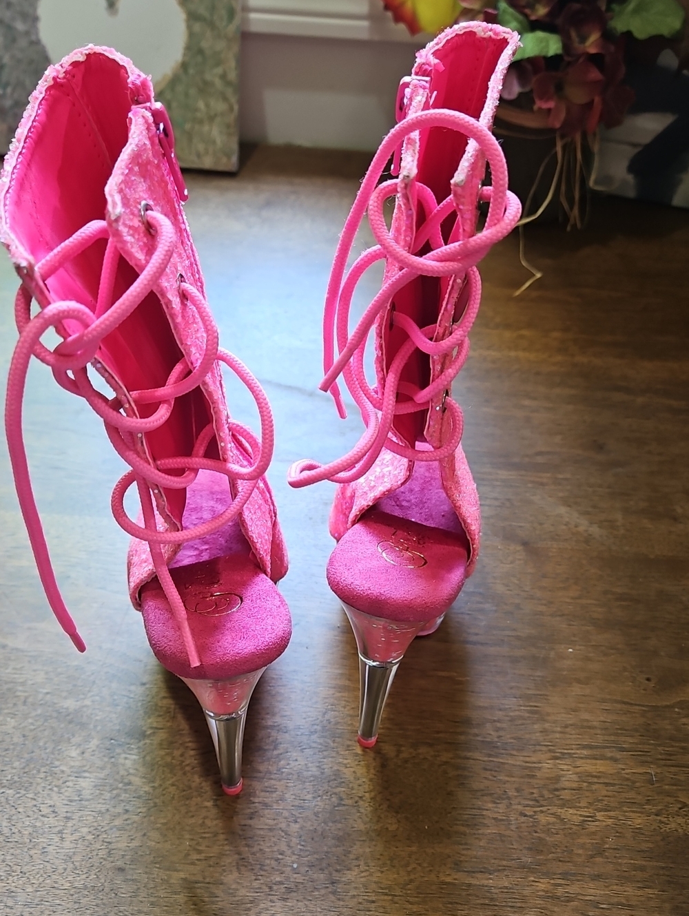Pleaser Hot Pink Glitter Lace-Up Platform Stiletto Booties - Picture 8 of 14